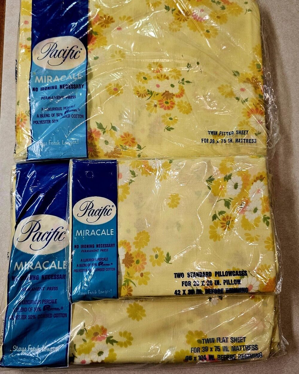 Vintage Pacific Miracale Sheets Yellow Garden Floral Twin Set NIP Sealed NOS
